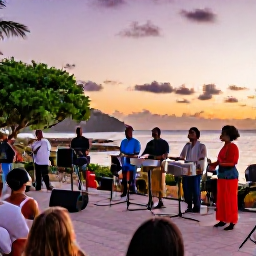 Caribbean Holidays, February Culture, Outdoor Caribbean music performance in the British Virgin Islands, with steel pan musicians, local singers and an attentive crowd at sunset