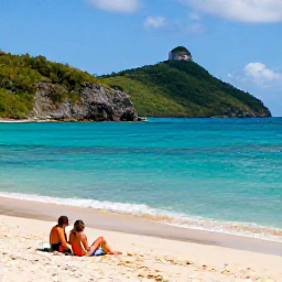 Caribbean Holidays, February Culture, Peaceful Caribbean beach on St John with turquoise water, green hills and a couple relaxing after exploring local culture