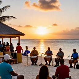 Caribbean Holidays, February Culture, Sunset gathering with local musicians playing drums and guitar beside the beach in Turks and Caicos, with visitors enjoying the relaxed atmosphere