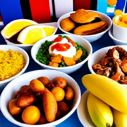 Caribbean Holidays, February Culture, Traditional British Virgin Islands food served at a colourful local market, including fresh seafood, rice, peas, plantain and tropical fruit