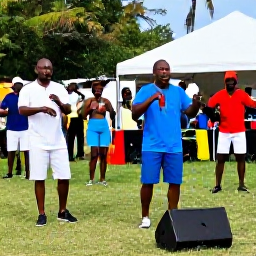 Caribbean Holidays, February Culture, Traditional Caribbean musicians performing outdoors at a February cultural celebration in the United States Virgin Islands, with dancing locals and visitors