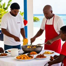 Caribbean Holidays, February Culture, Traditional Crucian food served at an outdoor table in Christiansted, St Croix, with local cooks and a relaxed Caribbean atmosphere