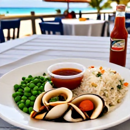 Caribbean Holidays, February Culture, Traditional Turks and Caicos seafood meal with conch, peas and rice, and local hot sauce served at a relaxed seaside restaurant
