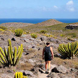 Caribbean Holidays, February Cura&ccedil;ao, A hiker walking through rugged cactus-covered hills in Christoffel National Park, Cura&ccedil;ao, with distant blue sea views