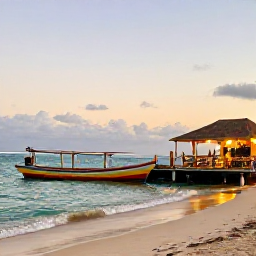 Caribbean Holidays, February Cura&ccedil;ao, A relaxed evening on a Cura&ccedil;ao beach with gentle waves, colourful wooden fishing boats and a small seaside restaurant glowing at sunset