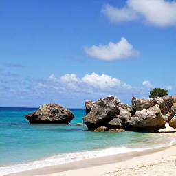 Caribbean Holidays, February Cura&ccedil;ao, A sunny Cura&ccedil;ao coastline in February with turquoise water, rugged rocks, and a quiet sandy beach under a bright blue sky