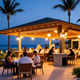 Caribbean Holidays, February Cura&ccedil;ao, Adults dining outdoors at a stylish Cura&ccedil;ao resort restaurant with tropical evening lighting and a relaxed atmosphere
