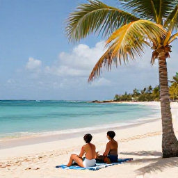 Caribbean Holidays, February Curacao, Adults-only couple relaxing on a quiet Cura&ccedil;ao beach in warm February sunshine, turquoise sea and palm trees