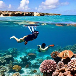 Caribbean Holidays, February Curacao, Couple snorkelling above a clear coral reef in Cura&ccedil;ao, bright tropical fish and rocky coastline in the background