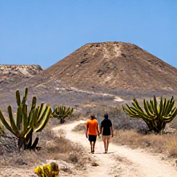 Caribbean Holidays, February Cura&ccedil;ao, Couple walking through a dry tropical landscape in Cura&ccedil;ao with cacti, rocky hills and blue sky