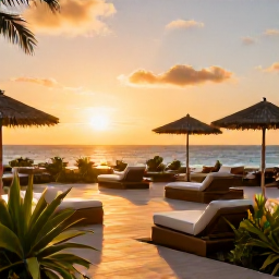 Caribbean Holidays, February Curacao, Elegant adults-only resort terrace in Cura&ccedil;ao at sunset, comfortable loungers, tropical plants and ocean view