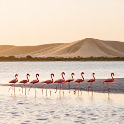Caribbean Holidays, February Cura&ccedil;ao, Flamingos standing in a shallow salt lake near Jan Thiel, Cura&ccedil;ao, with pale hills and a warm late-afternoon sky