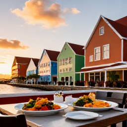 Caribbean Holidays, February Cura&ccedil;ao, Outdoor restaurant in Willemstad at sunset, serving Cura&ccedil;ao dishes and fresh seafood beside colourful historic buildings
