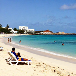Caribbean Holidays, February Cura&ccedil;ao, Relaxed beach on Cura&ccedil;ao near Willemstad, with clear turquoise water, pale sand, sun loungers and visitors swimming in February sunshine