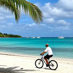 Caribbean Holidays, February Cycling, A relaxed cyclist with a bicycle near a sandy beach on Bequia, with turquoise water, palm trees and small boats in the background