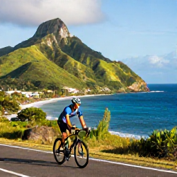 Caribbean Holidays, February Cycling, A road cyclist riding beside a tropical Caribbean coastline on Saint Vincent, with green hills, bright blue sea and warm February sunshine
