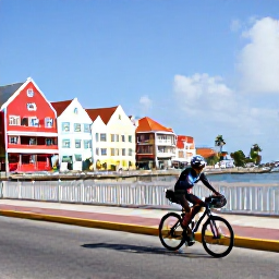 Caribbean Holidays, February Cycling, A touring cyclist exploring colourful Willemstad streets, with Dutch Caribbean buildings, bicycles and a waterfront setting