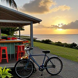 Caribbean Holidays, February Cycling, An outdoor Caribbean caf&eacute; beside a cycle path, with a parked bicycle, local food and a sunset over the sea in Saint Vincent and the Grenadines