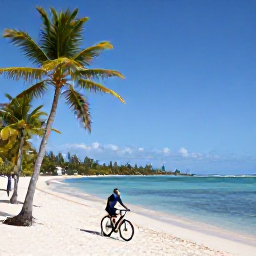 Caribbean Holidays, February Cycling, Cyclist beside a calm turquoise beach in Tobago, with palm trees, white sand and a clear blue sky