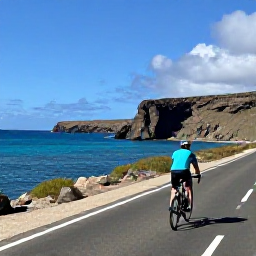 Caribbean Holidays, February Cycling, Cyclist riding along Cura&ccedil;ao's sunny coastal road in February, with turquoise sea, rugged cliffs and a bright blue sky