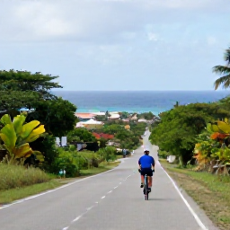 Caribbean Holidays, February Cycling, Cyclist travelling along a quiet coastal road in Trinidad, with sea views, tropical vegetation and small villages