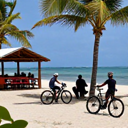 Caribbean Holidays, February Cycling, Cyclists resting beside a peaceful Cura&ccedil;ao beach, with bicycles, palm trees, clear water and a casual seaside caf&eacute;