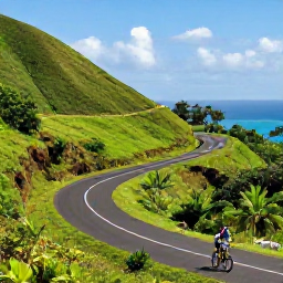 Caribbean Holidays, February Cycling, Cyclists travelling along a winding green road through the volcanic hills of Saint Vincent, with tropical vegetation and distant sea views