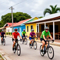 Caribbean Holidays, February Cycling, Friendly cyclists enjoying local Trinidadian food at an outdoor caf&eacute; after a ride, with colourful Caribbean surroundings