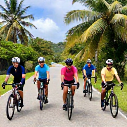 Caribbean Holidays, February Cycling Holidays, A group of friendly cyclists preparing their bikes beside a tropical road in Trinidad