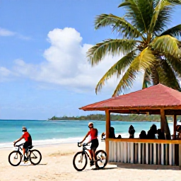 Caribbean Holidays, February Cycling Holidays, Cyclist resting at a Caribbean beach caf&eacute; with tropical scenery in Trinidad and Tobago