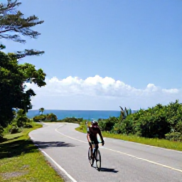 Caribbean Holidays, February Cycling Holidays, Cyclist riding along a scenic coastal road in Trinidad and Tobago during bright February sunshine