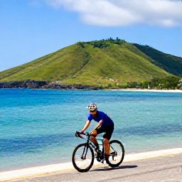 Caribbean Holidays, February Cycling Holidays, Cyclist travelling beside turquoise sea and green hills on Tobago