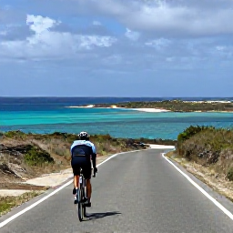 Caribbean Holidays, February Cycling, Road cyclist following a quiet coastal route near Jan Thiel, Cura&ccedil;ao, overlooking clear blue water and small sandy coves