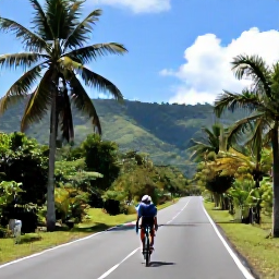 Caribbean Holidays, February Cycling, Road cyclist riding through a tropical Trinidad landscape in bright February sunshine, with palms and green hills