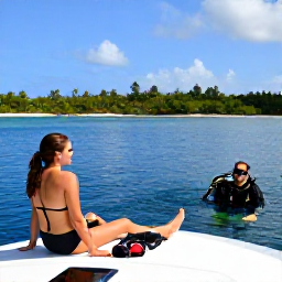 Caribbean Holidays, February Diving, A couple relaxing beside a Caribbean dive boat after scuba diving, with calm sea, sunny sky and tropical island coastline