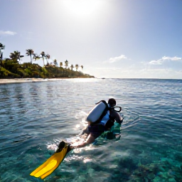 Caribbean Holidays, February Diving, A relaxed scuba diver entering calm Caribbean water beside Bonaire's shoreline with tropical sunlight and coral visible below