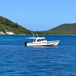 Caribbean Holidays, February Diving, A small dive boat travelling across calm blue Caribbean water near Tobago, with green hills and a sunny coastline in the background