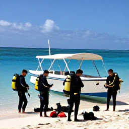 Caribbean Holidays, February Diving, A small group of scuba divers preparing equipment beside a boat on a sunny Barbados beach