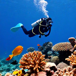 Caribbean Holidays, February Diving, Colourful coral gardens and tropical fish beside a scuba diver in the Turks and Caicos Islands