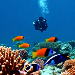 Caribbean Holidays, February Diving, Colourful tropical fish swimming over coral formations at an Aruba dive site, with a diver observing from a respectful distance