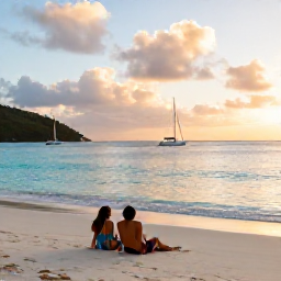 Caribbean Holidays, February Diving, Couple relaxing on a sandy beach overlooking turquoise water and sailing boats in the British Virgin Islands at sunset