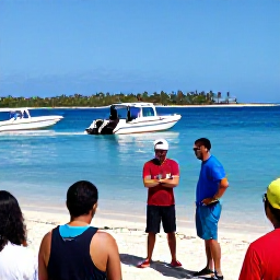 Caribbean Holidays, February Diving Cura&ccedil;ao, Friendly dive guide briefing visitors beside a Cura&ccedil;ao beach, with dive boats, calm blue sea and palms in the background