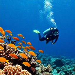 Caribbean Holidays, February Diving Cura&ccedil;ao, Scuba diver descending beside a gently sloping coral reef in Cura&ccedil;ao, surrounded by schools of colourful Caribbean fish