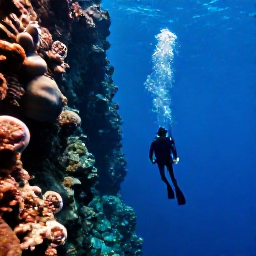 Caribbean Holidays, February Diving, Diver hovering beside a dramatic underwater wall with blue ocean dropping away in the Turks and Caicos Islands