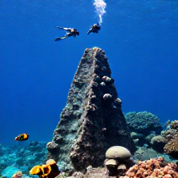 Caribbean Holidays, February Diving, Divers above a dramatic underwater pinnacle near Saba, with clear Caribbean water, coral and deep blue sea