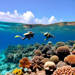Caribbean Holidays, February Diving, Divers exploring a colourful coral reef in clear turquoise water off Bonaire during a sunny February morning