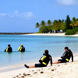 Caribbean Holidays, February Diving, Divers relaxing on a sunny Barbados beach after a morning scuba diving trip, with calm blue sea and palm trees