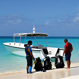 Caribbean Holidays, February Diving, Friendly Aruba dive instructors preparing scuba equipment beside a boat on a sunny Caribbean beach
