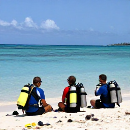 Caribbean Holidays, February Diving, Friendly professional dive instructors preparing scuba equipment beside a tropical beach in the Dominican Republic
