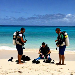 Caribbean Holidays, February Diving, Friendly scuba divers preparing equipment beside a tropical beach in Dominica